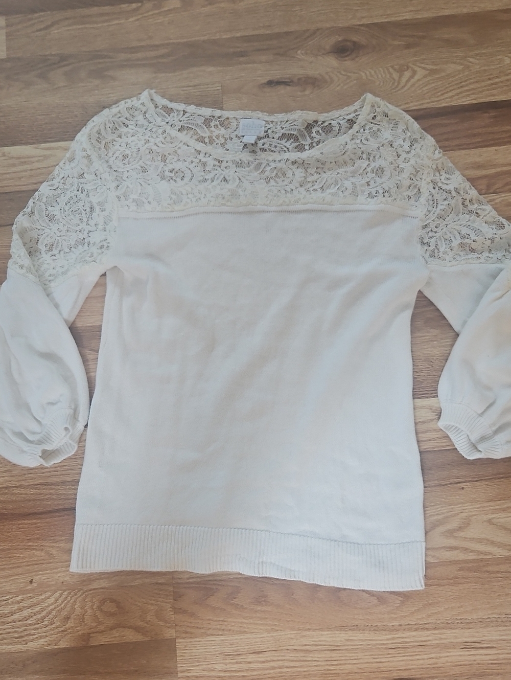 Soho Apparel Cream Lace Yoke Scoop Neck Sweater Size Small